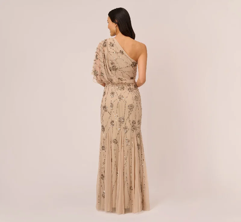 One Shoulder Beaded Gown In Nude