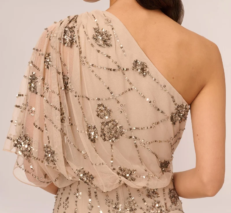 One Shoulder Beaded Gown In Nude