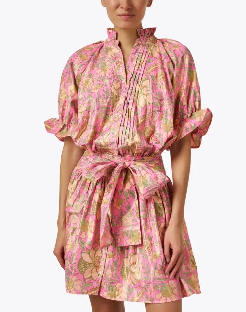 Pink and Yellow Print Cotton Lamé Dress