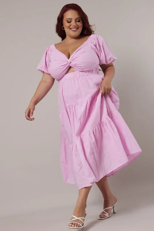 Pink Maxi Dress Short Sleeve Tiered Twist Front