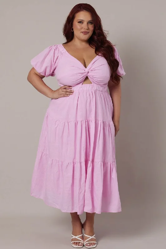 Pink Maxi Dress Short Sleeve Tiered Twist Front