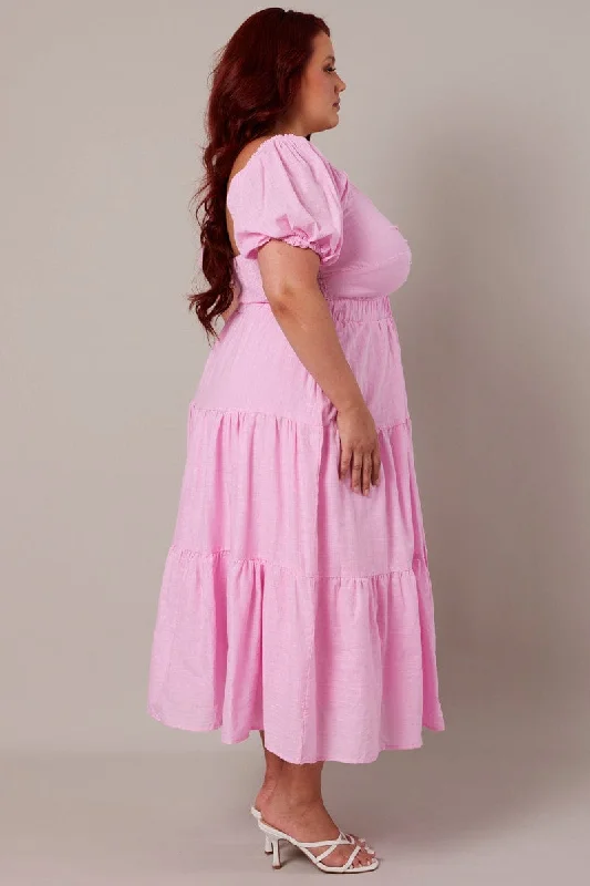 Pink Maxi Dress Short Sleeve Tiered Twist Front