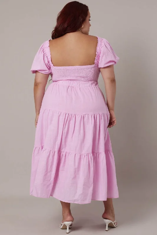 Pink Maxi Dress Short Sleeve Tiered Twist Front