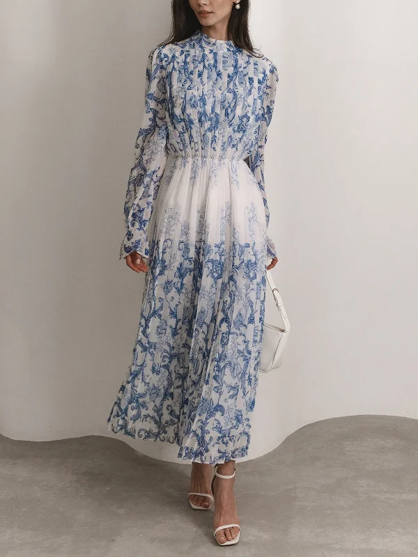 Plant Pattern Printed Pleated Long Dress