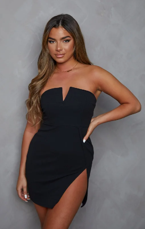 Plunge V Neck Strapless Split Bodycon Mini Dress-Caitlyn