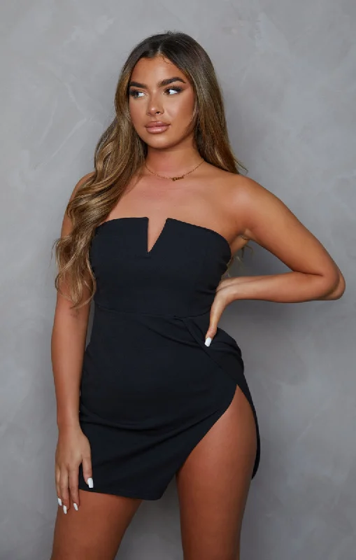 Plunge V Neck Strapless Split Bodycon Mini Dress-Caitlyn