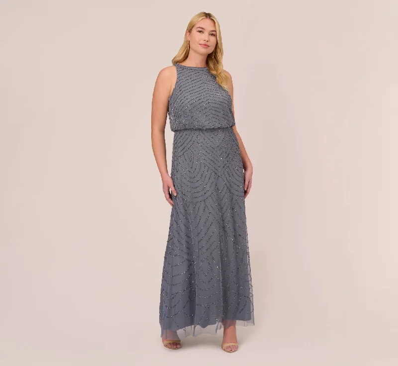 Plus Size Art Deco Beaded Blouson Dress With Halter Neckline In Dusty Blue