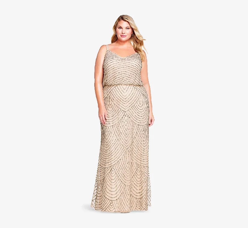 Plus Size Art Deco Beaded Blouson Gown In Taupe Pink