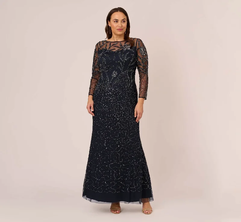 Plus Size Floral Beaded Dress With Sheer Long Sleeves In Midnight