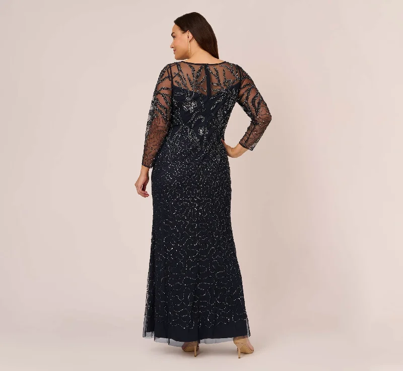 Plus Size Floral Beaded Dress With Sheer Long Sleeves In Midnight