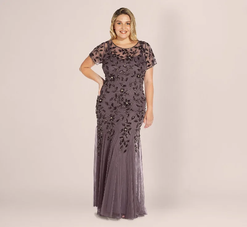 Plus Size Hand Beaded Short Sleeve Floral Godet Gown In Moonscape