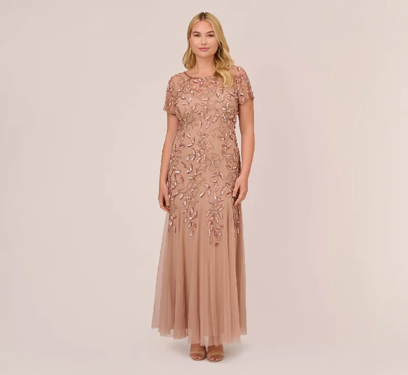 Plus Size Hand Beaded Short Sleeve Floral Godet Gown In Rose Gold