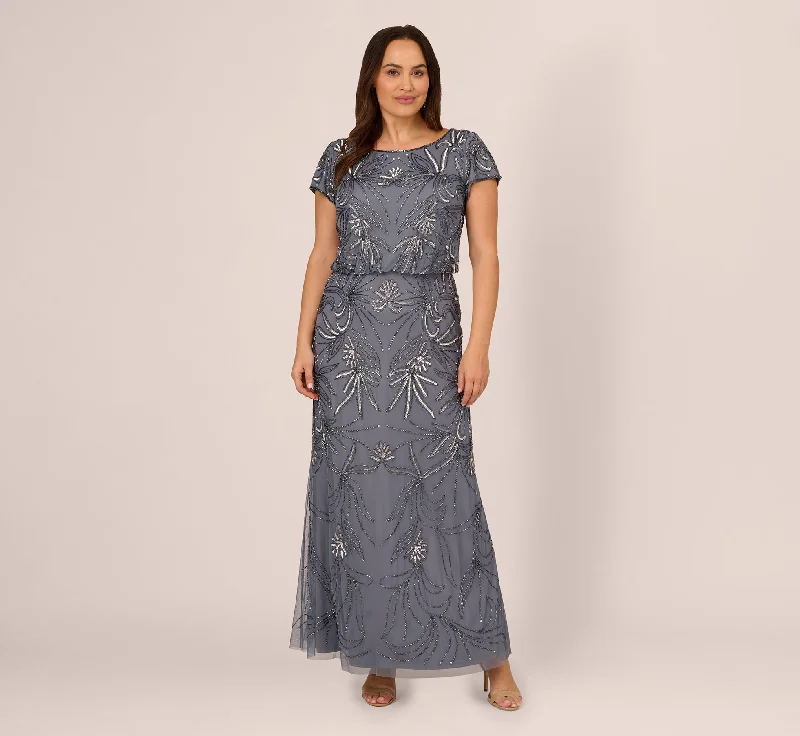 Plus Size Long Beaded Blouson Dress In Dusty Blue