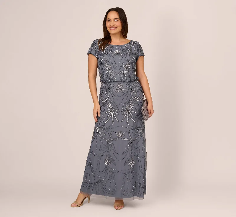 Plus Size Long Beaded Blouson Dress In Dusty Blue