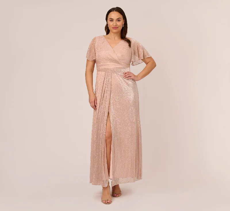 Plus Size Metallic Mesh Draped Gown In Rose Gold