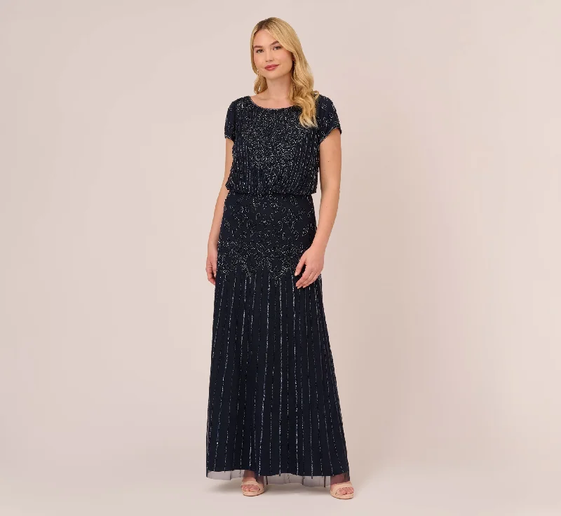 Plus Size Short Sleeve Blouson Beaded Gown In Navy