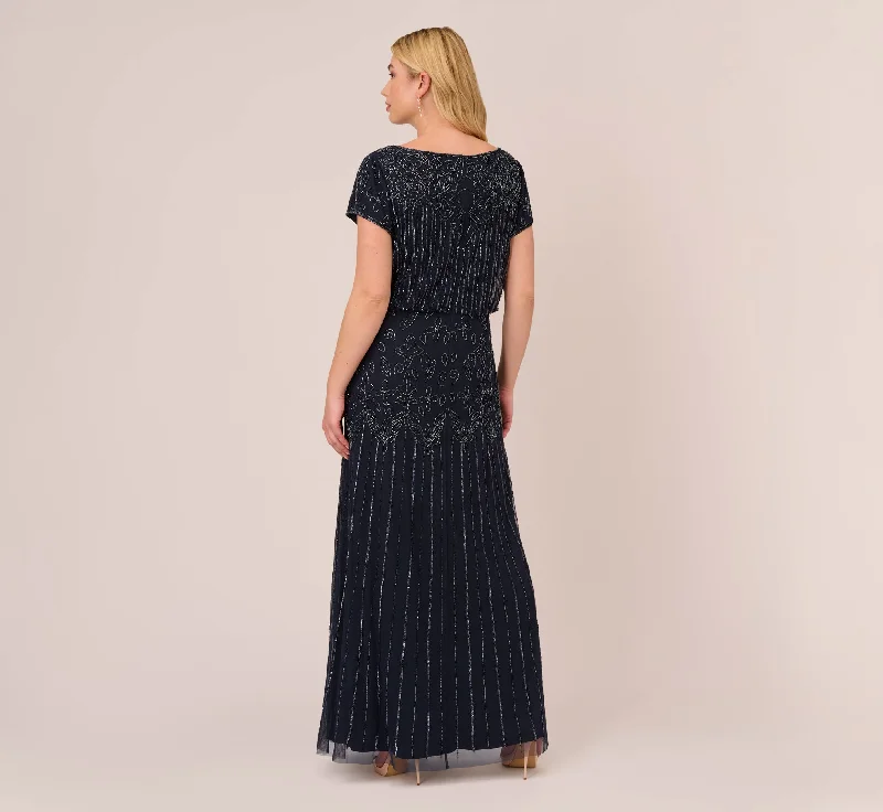 Plus Size Short Sleeve Blouson Beaded Gown In Navy