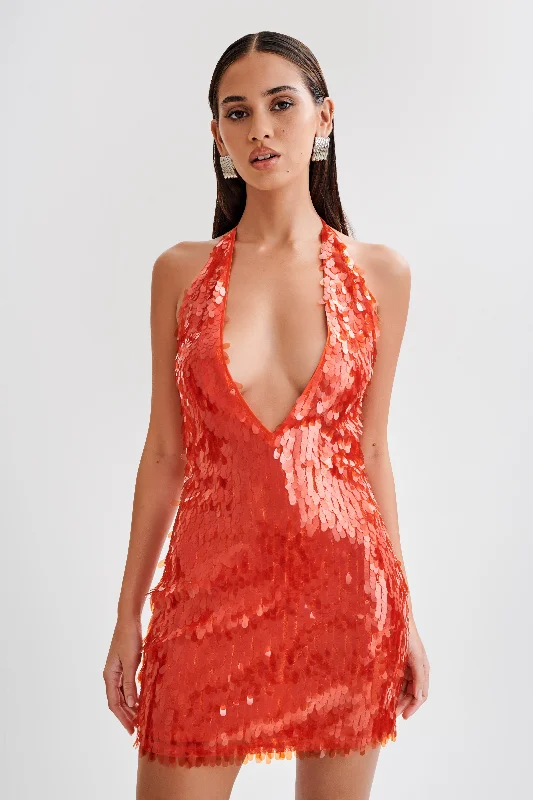 Primrose Sequin Halter Mini Dress - Firey Orange