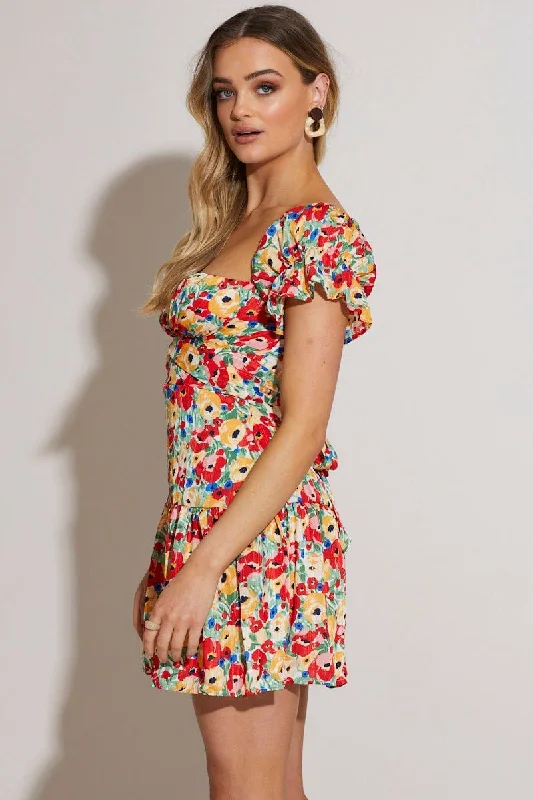 Print Gathered Bust Skater Dress