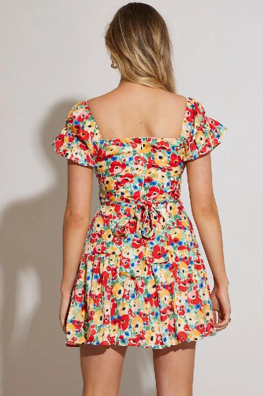 Print Gathered Bust Skater Dress