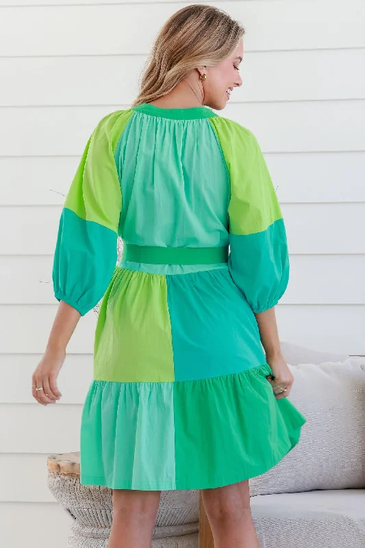 Ryleigh Smock Dress In Multi Green Colourblock Cotton