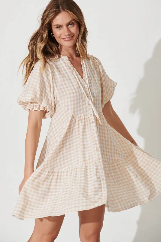 Santanna Smock Dress In Beige And White Gingham Cotton Blend