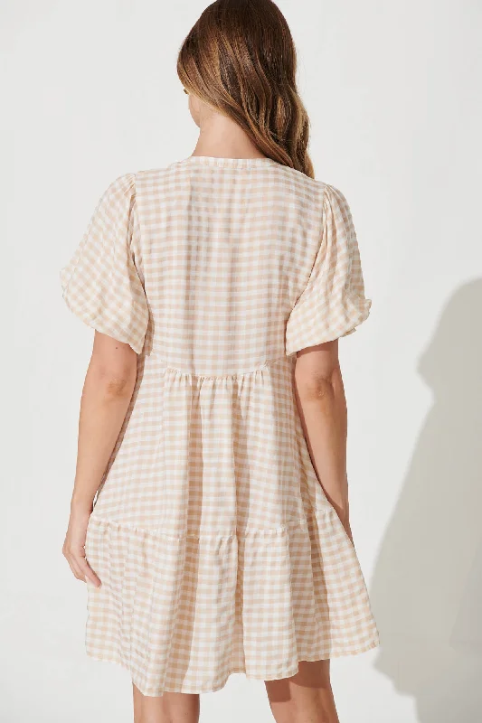 Santanna Smock Dress In Beige And White Gingham Cotton Blend