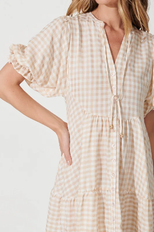 Santanna Smock Dress In Beige And White Gingham Cotton Blend