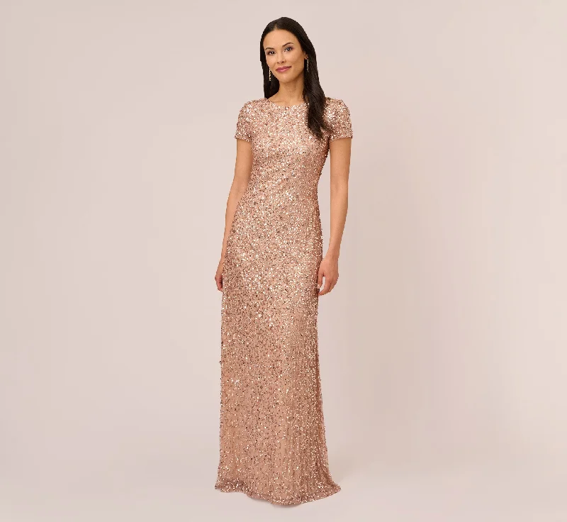 Scoop Back Sequin Gown In Rose Gold