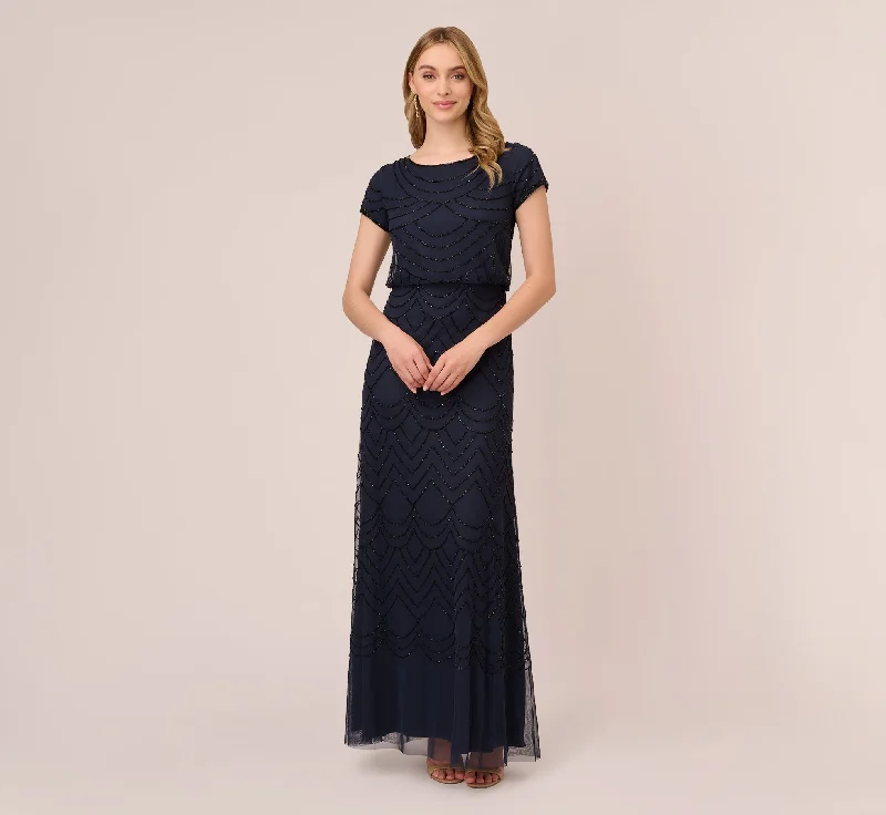 Short Sleeve Beaded Blouson Gown In Navy Black