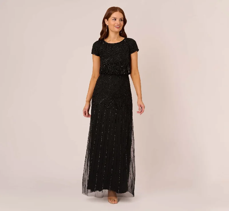 Short Sleeve Blouson Beaded Gown In Black