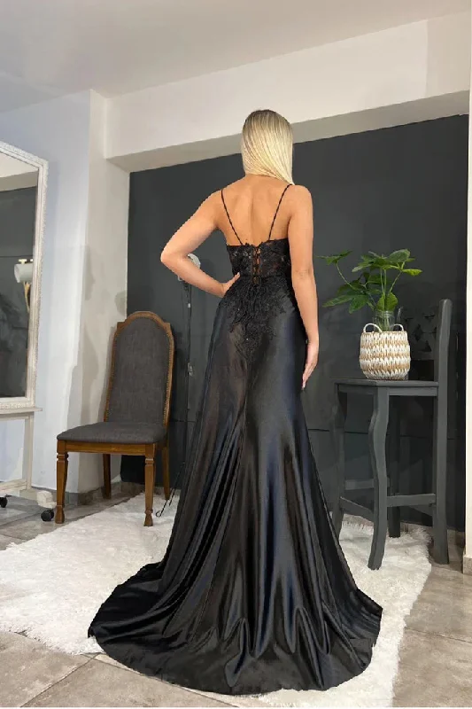 Spaghetti Straps Appliques Side Slit Black Prom Evening Foamal Dress  PSK440