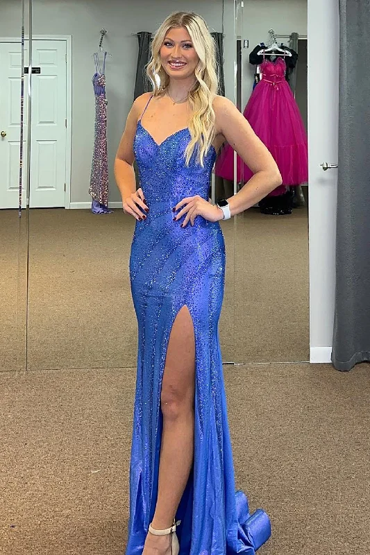 Sparkly Mermaid Royal Blue Prom Dress with Slit