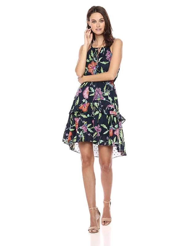 Taylor - 9682M Floral Print Tie Keyhole Front Dress