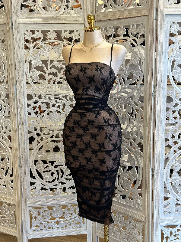 Thin Strap Black Lace Midi Dress- Stretchy,Estira