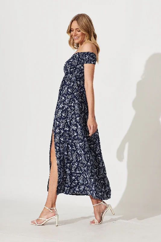 Under The Sun Maxi Dress In Navy With White Floral