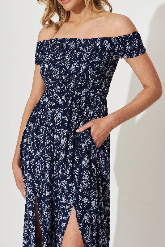 Under The Sun Maxi Dress In Navy With White Floral