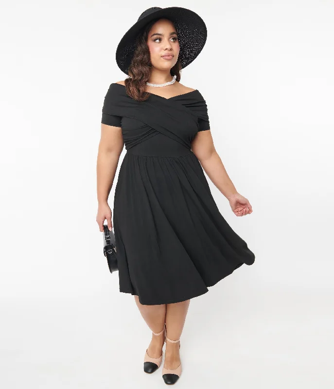 Unique Vintage Curve Black Shirred Swing Dress