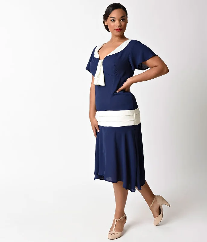 Unique Vintage Plus Size 1920s Navy Blue & Ivory Wilshire Flapper Day Dress