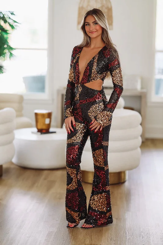 Vegas Swirl Sequin Jumpsuit - Black Multi