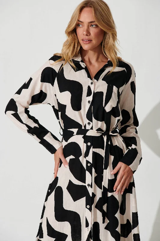 Vivien Midi Shirt Dress In Cream And Black Geo Print Linen Blend