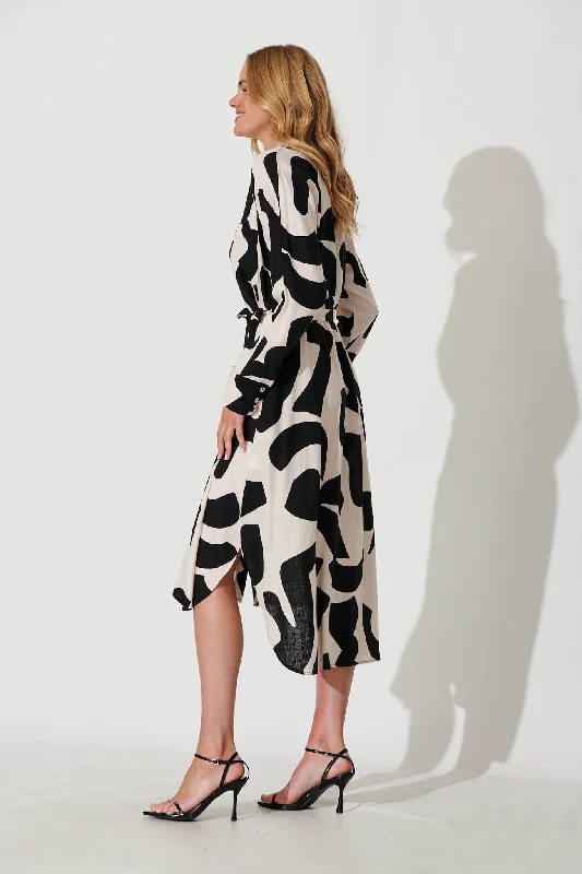 Vivien Midi Shirt Dress In Cream And Black Geo Print Linen Blend