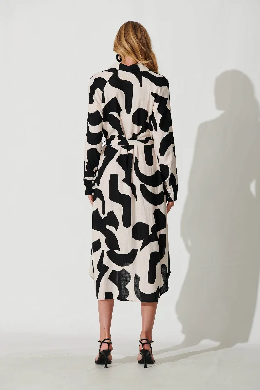 Vivien Midi Shirt Dress In Cream And Black Geo Print Linen Blend