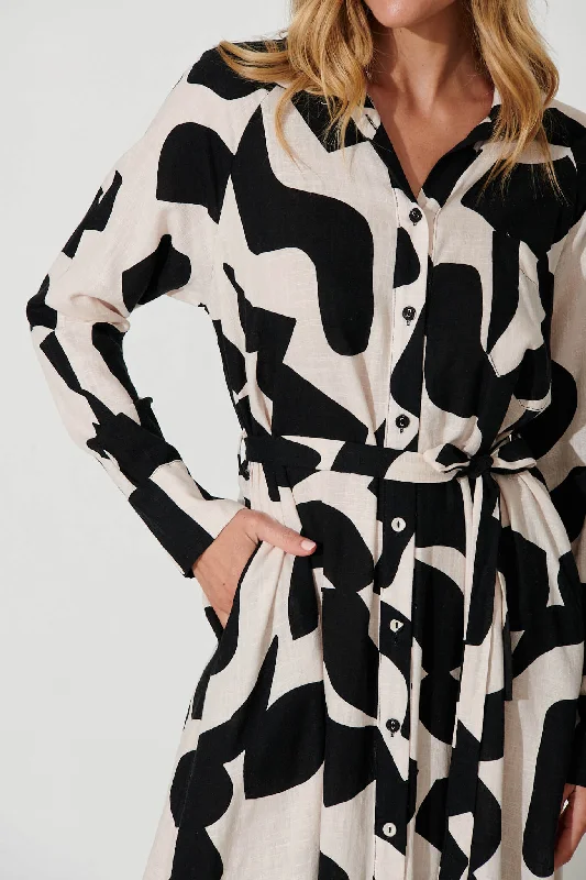 Vivien Midi Shirt Dress In Cream And Black Geo Print Linen Blend