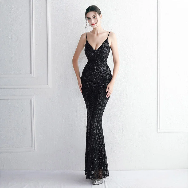 Wholesale Women Sexy V Neck Red Long Sequin Party Gowns Elegant Mermaid Stretchy Black Prom Gown Navy Blue Evening Dresses 2023