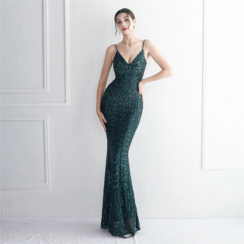 Wholesale Women Sexy V Neck Red Long Sequin Party Gowns Elegant Mermaid Stretchy Black Prom Gown Navy Blue Evening Dresses 2023