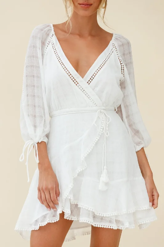 Wilde Balloon Sleeve Crochet Trim Dress White