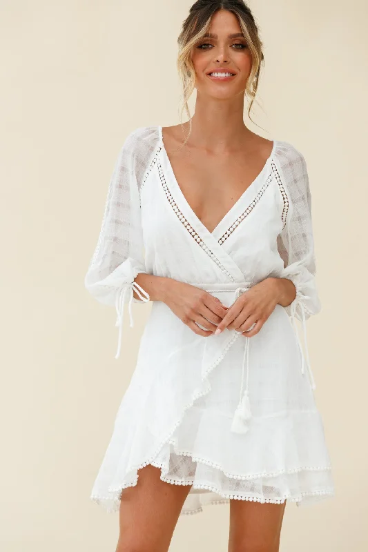 Wilde Balloon Sleeve Crochet Trim Dress White