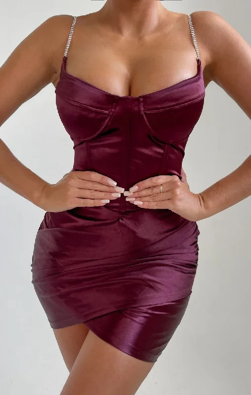 Wine Cross Over Satin Diamante Detail Strappy Mini Dress - Haleema