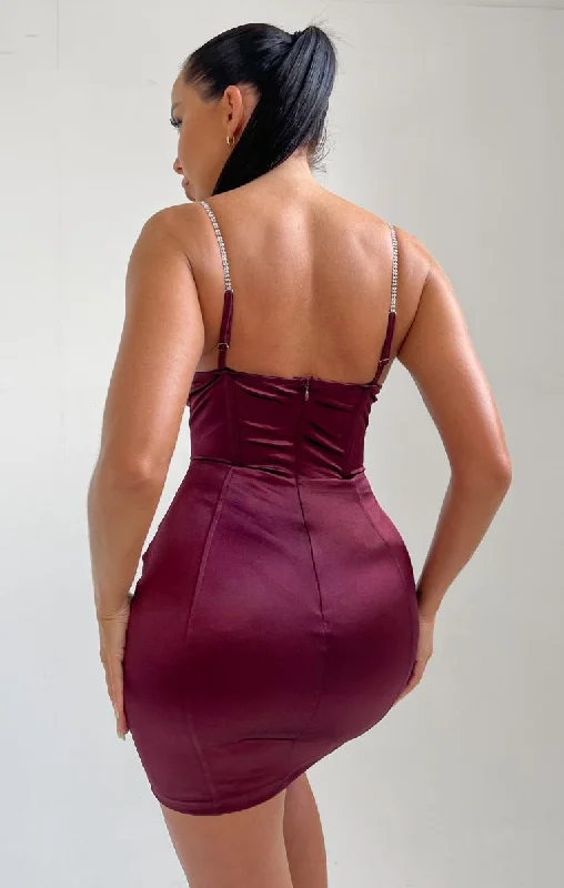 Wine Cross Over Satin Diamante Detail Strappy Mini Dress - Haleema